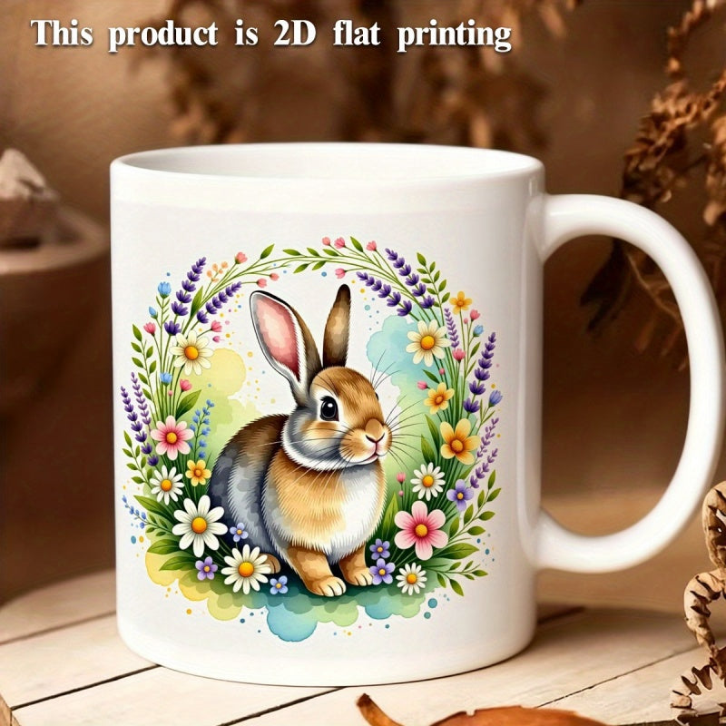Tailorly White Ceramic 11 oz Mug - Adorable Watercolor Garden Flowers Surrounding A Peaceful Sitting Rabbit