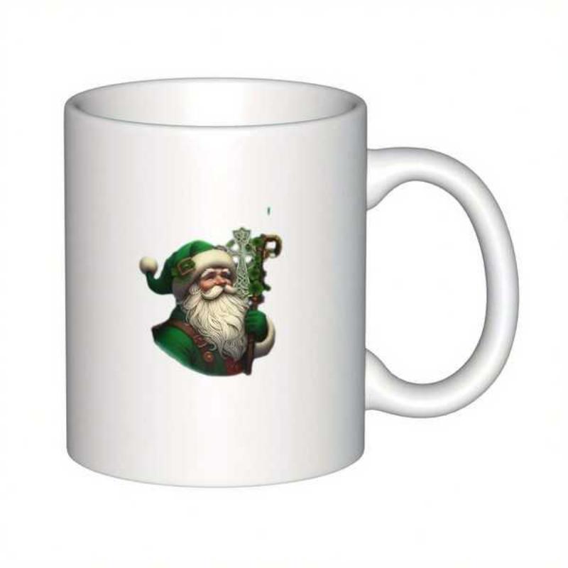 Tailorly White Ceramic 11 oz Mug - Jolly Festive Holiday Figure Wearing Green Garb Holding Celtic Cross Staff Santa