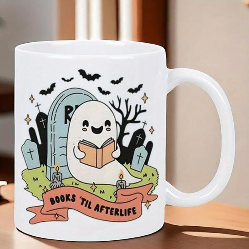 Tailorly White Ceramic 11 oz Mug - Books Til Afterlife Friendly Little Ghost Reading A Storybook Within A Spooky Graveyard Ghost