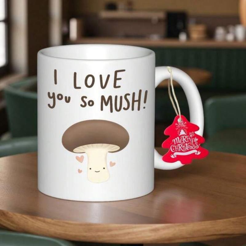 Tailorly White Ceramic 11 oz Mug - I Love You So Mush Cute Smiling Character With Tiny Hearts Floating Around Earthy Brown Cap Mushroom