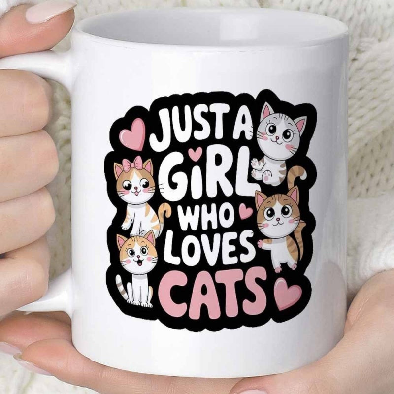 Tailorly White Ceramic 11 oz Mug - Just A Girl Who Loves Cats Playful Cartoon Kittens Surrounded By Hearts In Dark Background Cats