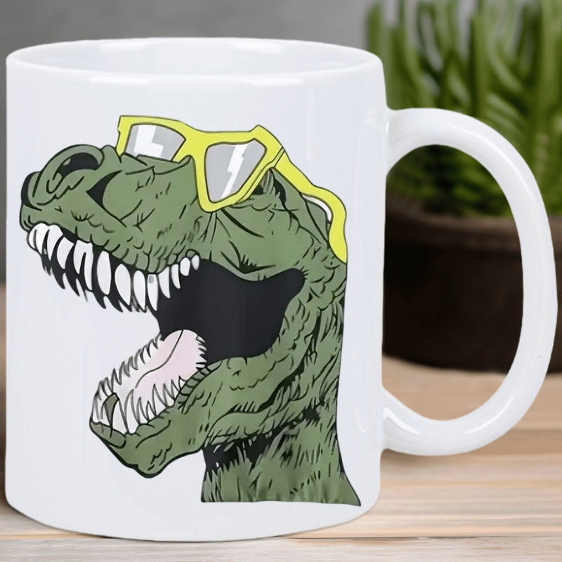 Tailorly White Ceramic 11 oz Mug - Roaring Green Predator Wearing Trendy Bright Yellow Fashionable Sunglasses Dinosaur