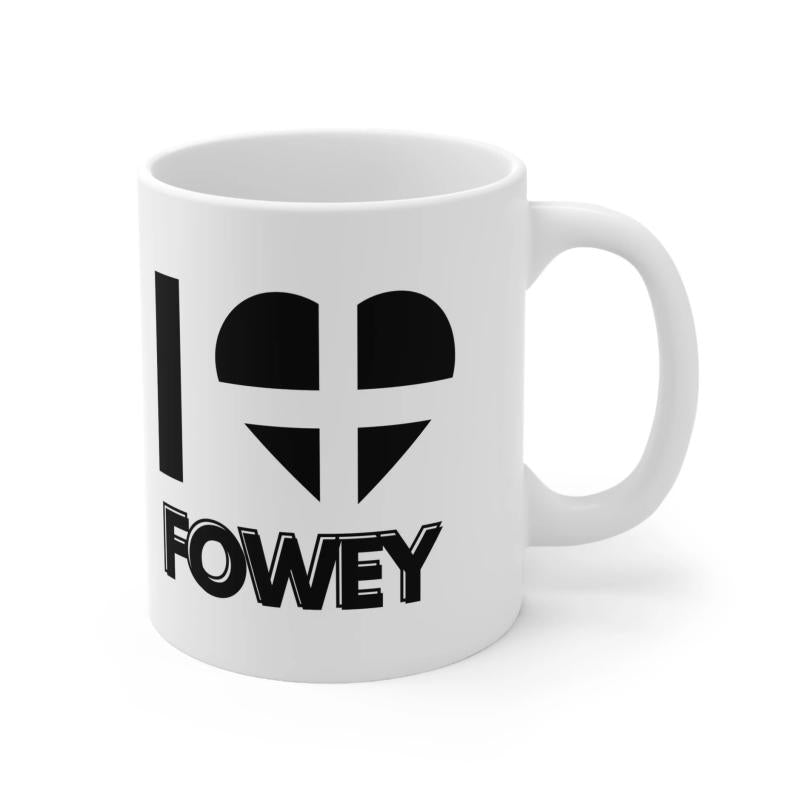 Tailorly White Ceramic 11 oz Mug - I Fowey Minimalist Black Heart With White Cross Featuring Bold Block Letters Mug