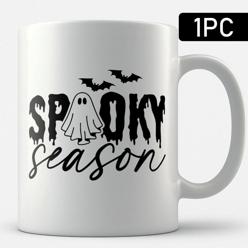 Tailorly White Ceramic 11 oz Mug - Spooky Season Adorable Little Ghost Floating Beneath Two Small Flying Bats Ghost