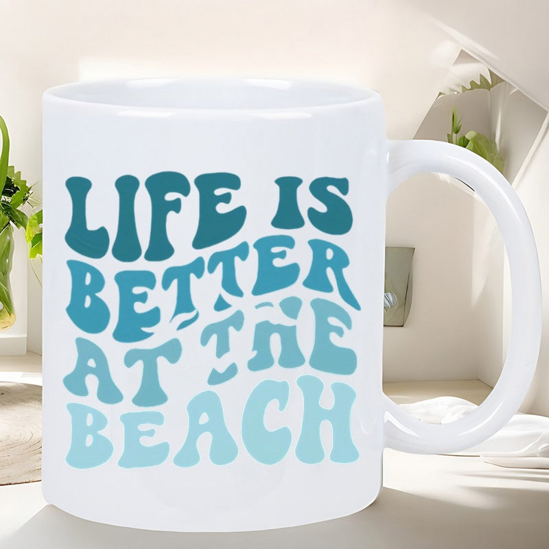 Tailorly White Ceramic 11 oz Mug - Life Is Better At The Beach Retro Wavy Typography With Blue Gradient Shades In Bubble Style Mug