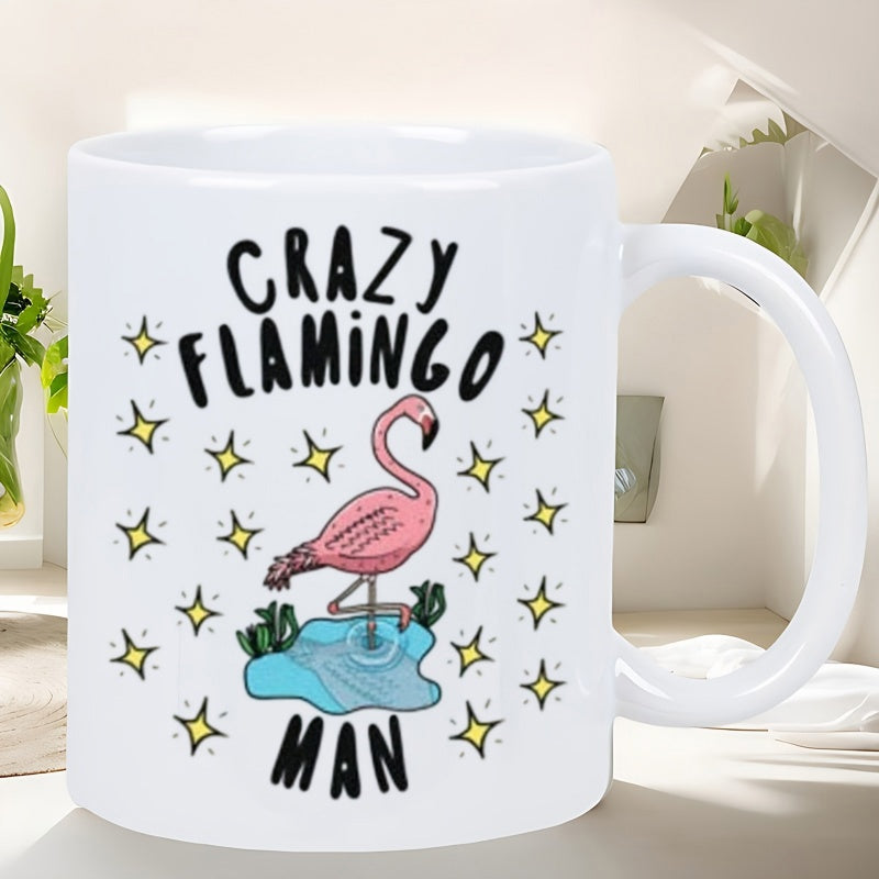Tailorly White Ceramic 11 oz Mug - Crazy Flamingo Man Pink Bird Standing Among Shining Yellow Stars In Blue Water Flamingo
