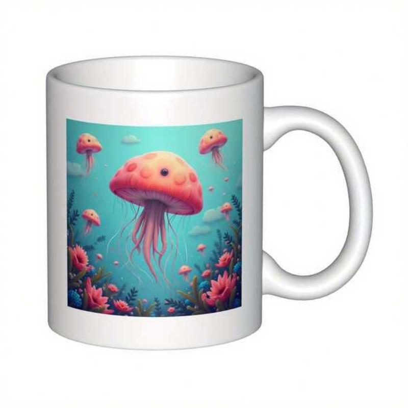 Tailorly White Ceramic 11 oz Mug - Cute Pink Mushroom Pattern Floating In Dreamy Underwater Coral Reef Jellyfish