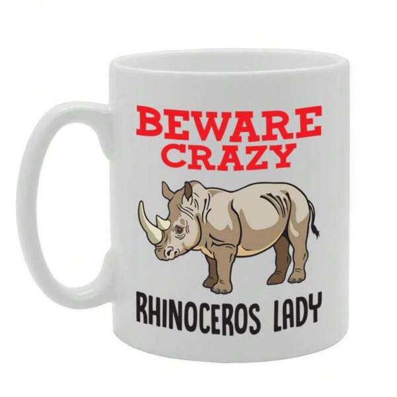 Tailorly White Ceramic 11 oz Mug - Beware Crazy Rhinoceros Lady Detailed Grey Creature With Large Horn Standing On White Ground Rhinoceros