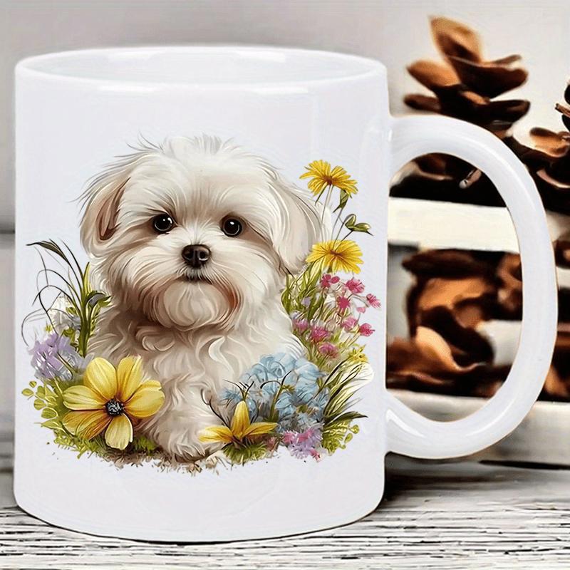 Tailorly White Ceramic 11 oz Mug - Adorable Fluffy White Dog Sitting Amidst Colorful Spring Garden Flowers Puppy