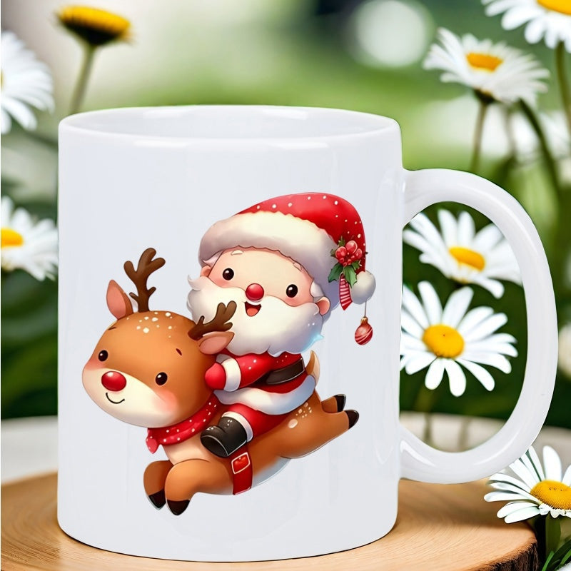 Tailorly White Ceramic 11 oz Mug - Festive Cartoon Figure Riding Upon A Small Flying Brown Magical Reindeer Santa Claus