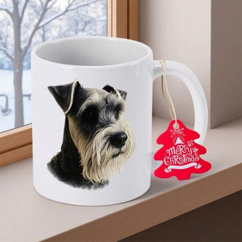 Tailorly White Ceramic 11 oz Mug - Merry Christmas Realistic Detailed Portrait Of A Majestic Salt And Pepper Schnauzer
