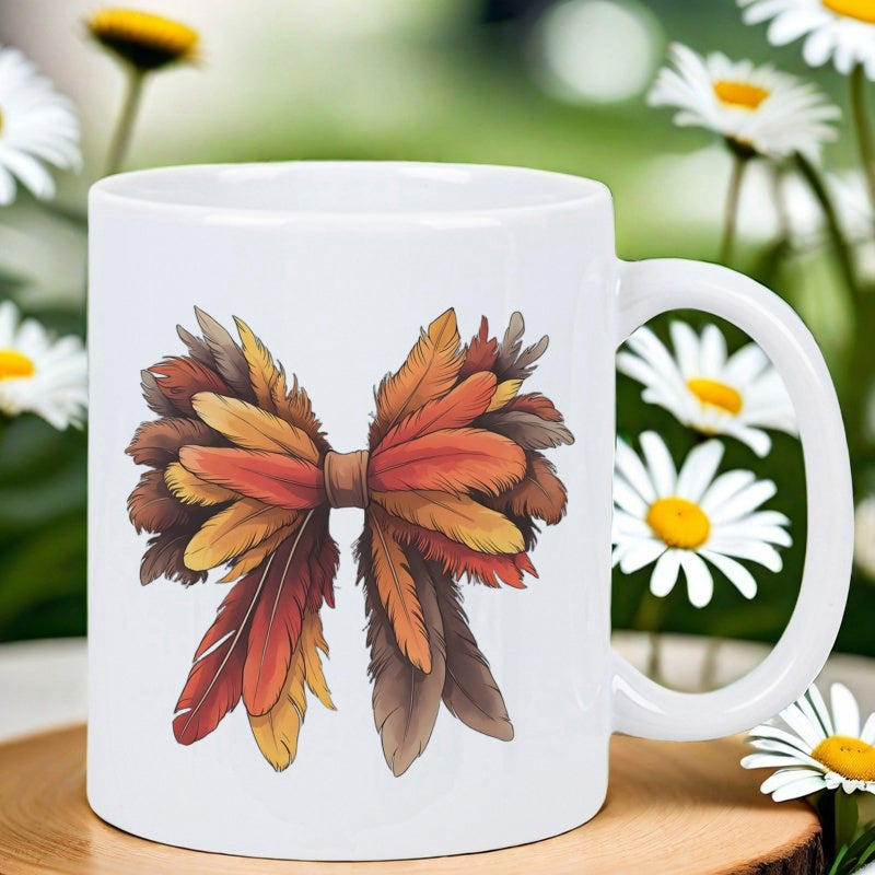 Tailorly White Ceramic 11 oz Mug - Elegant Autumn Colored Feathers Arranged Intricately Into A Festive Decorative Bow