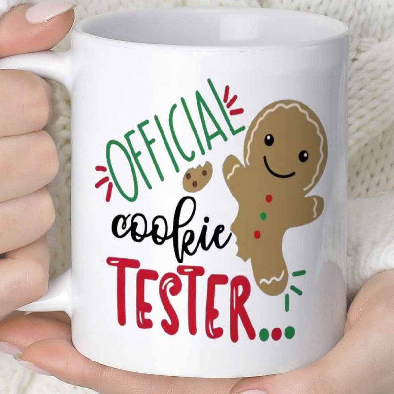 Tailorly White Ceramic 11 oz Mug - Official Cookie Tester Smiling Brown Gingerbread Man With Festive Icing And Tiny Cookie Gingerbread Man