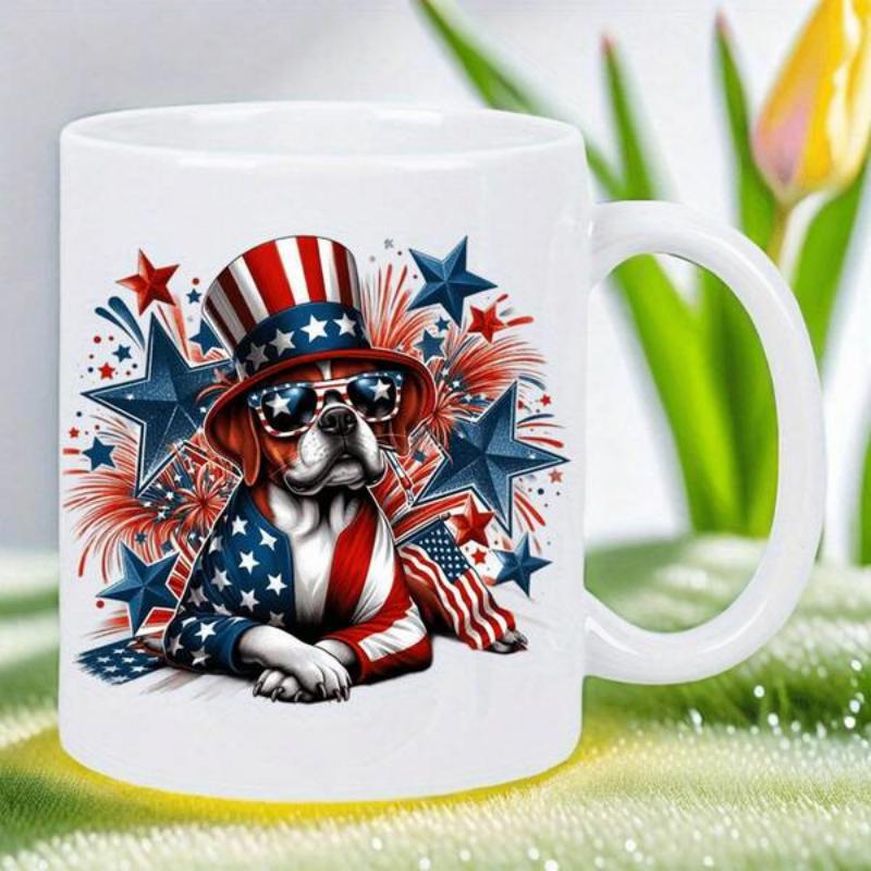 Tailorly White Ceramic 11 oz Mug - Patriotic Dog Wearing American Flag Hat Among Sparkling Blue Stars Dog