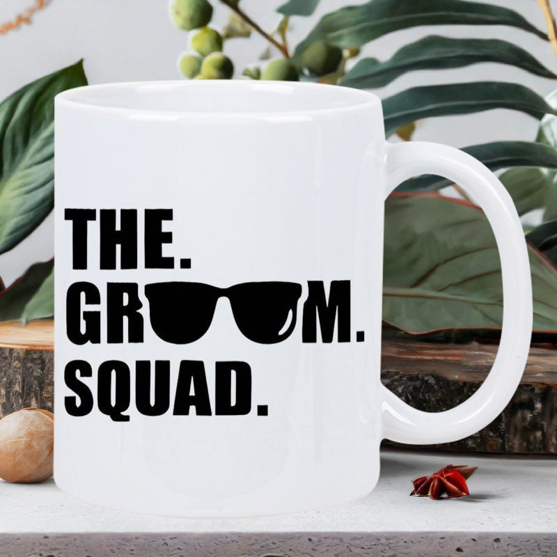 Tailorly White Ceramic 11 oz Mug - The Groom Squad Bold Black Block Lettering Featuring Stylish Iconic Dark Sun Protective Sunglasses