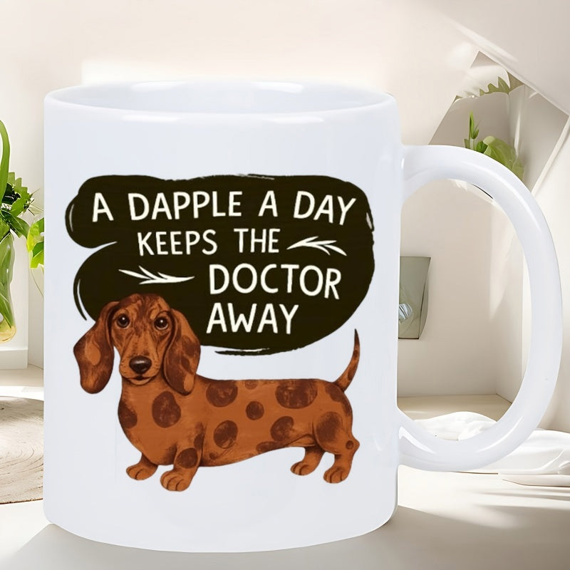 Tailorly White Ceramic 11 oz Mug - A Dapple A Day Keeps The Doctor Away Brown Spotted Long Bodied Dog Standing In Natural Sunlight Dachshund