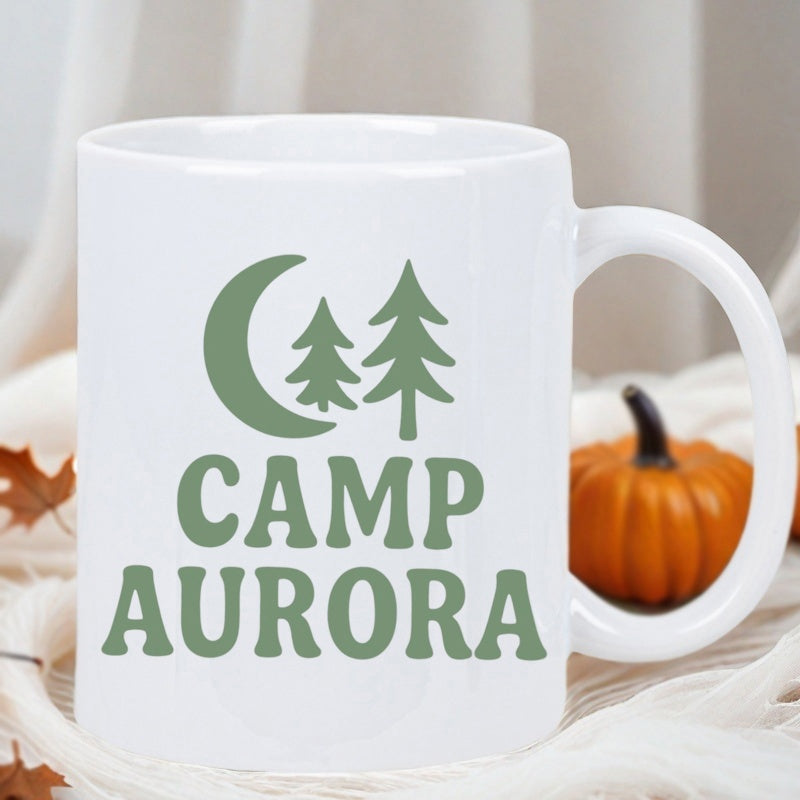 Tailorly White Ceramic 11 oz Mug - Camp Aurora Minimalist Crescent Moon And Pine Trees Under A Serene Night Sky Forest