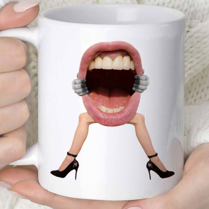 Tailorly White Ceramic 11 oz Mug - Artistic Open Human Lips With Long Legs And Black High Heels Mouth