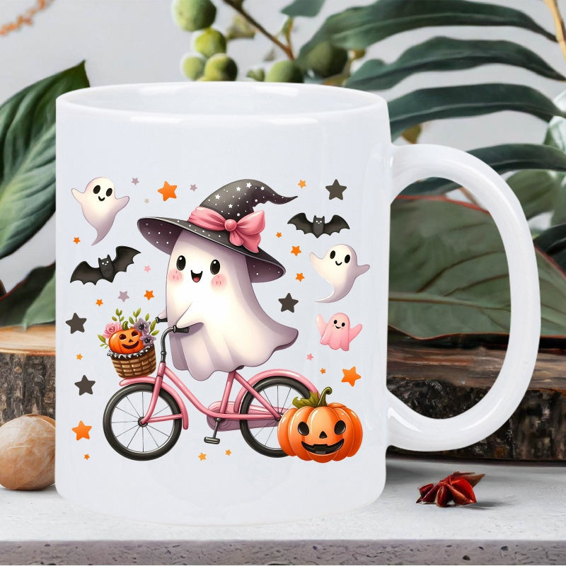 Tailorly White Ceramic 11 oz Mug - Adorable Little Spirit Wearing Witch Hat Riding Pink Bicycle Through Stars Ghost