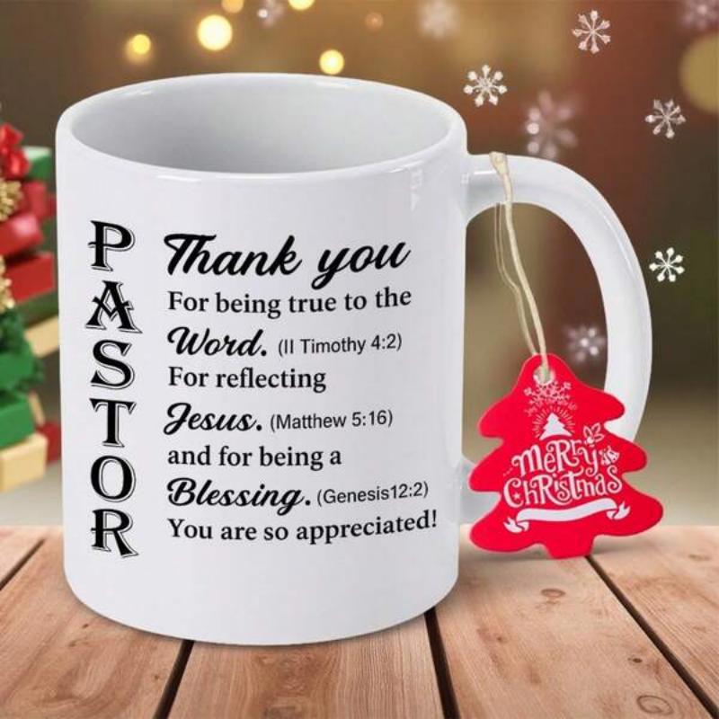 Tailorly White Ceramic 11 oz Mug - Thank You Pastor Word Jesus Blessing Merry Christmas Featuring Elegant Black Decorative Typography Mug