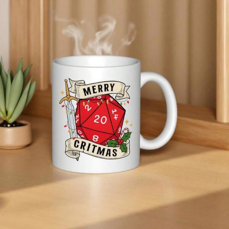 Tailorly White Ceramic 11 oz Mug - Merry Critmas Vibrant Red Geometric Twenty Sided Sword And Festive Holly Dice