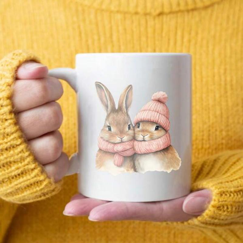 Tailorly White Ceramic 11 oz Mug - Cute Fluffy Bunnies Wearing Knitted Pink Winter Scarves And Hats Rabbit