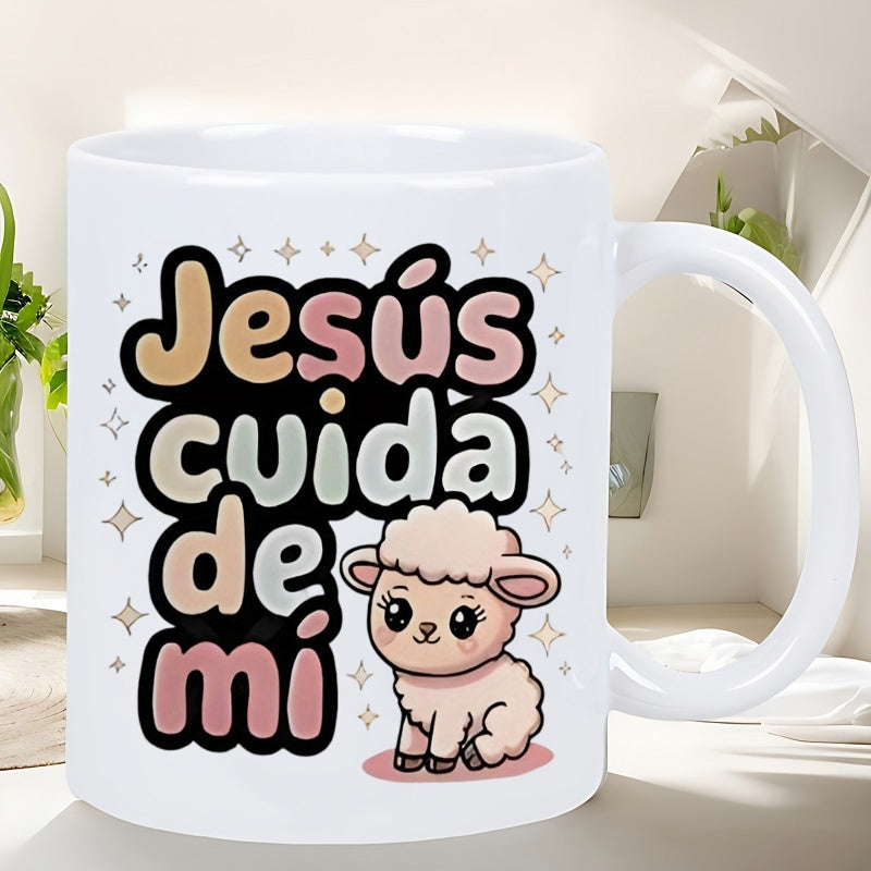 Tailorly White Ceramic 11 oz Mug - Adorable Small White Animal Character With Soft Wool And Twinkling Stars Sheep