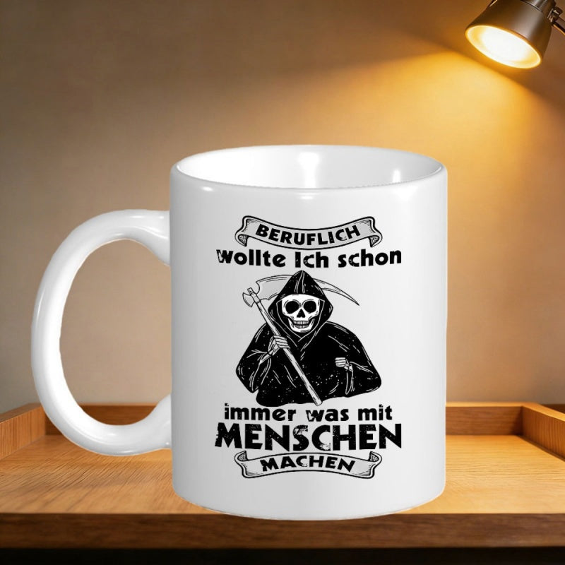 Tailorly White Ceramic 11 oz Mug - Dark Hooded Grim Reaper Holding Scythe Within Decorative Humorous Banners Reaper