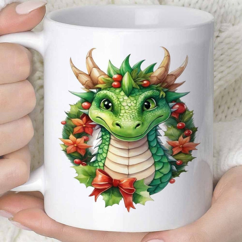 Tailorly White Ceramic 11 oz Mug - Cute Green Mythical Creature Surrounded By Festive Holly Wreath And Berries Dragon