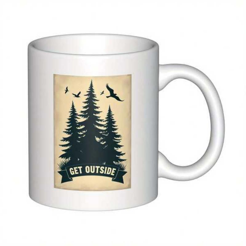 Tailorly White Ceramic 11 oz Mug - Get Outside Tall Pine Trees Silhouette With Soaring Birds Under Vintage Forest