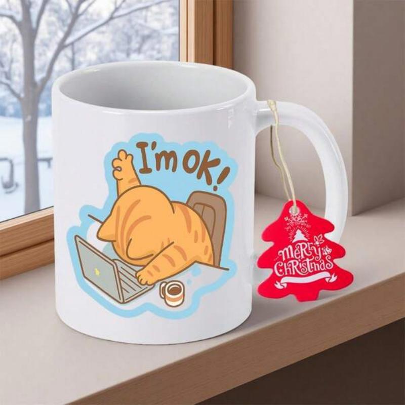 Tailorly White Ceramic 11 oz Mug - Im Ok Tired Orange Tabby Raising Paw In OK Sign Near Laptop And Coffee Cat