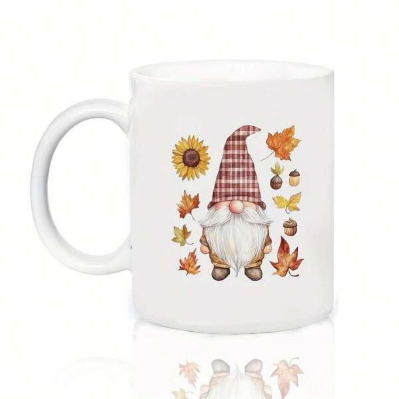 Tailorly White Ceramic 11 oz Mug - Rustic Fall Watercolor Illustration With Autumn Leaves And Plaid Hat Gnome