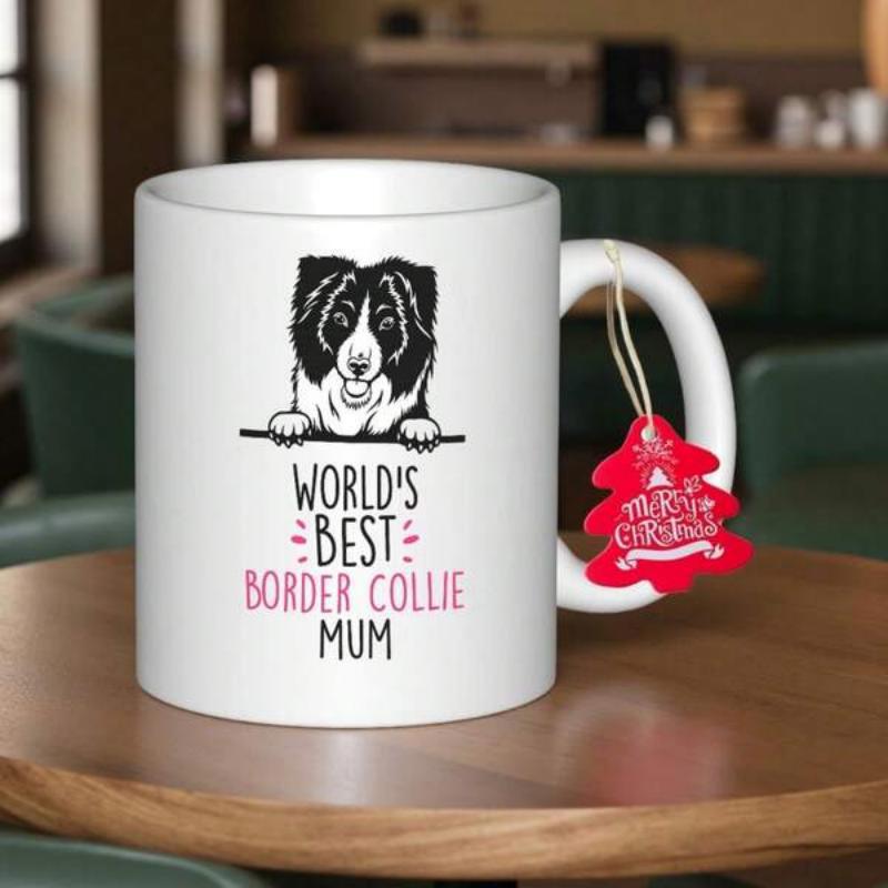 Tailorly White Ceramic 11 oz Mug - Worlds Best Border Collie Mum Charming Hand Drawn Border Collie Peeking From Behind A Simple Line Border Collie