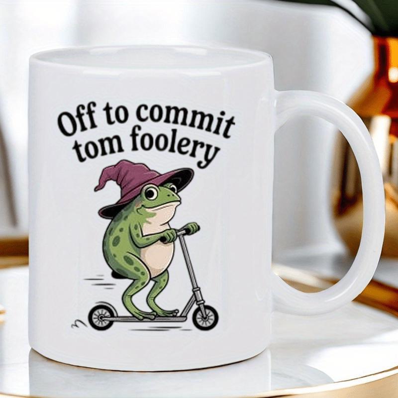 Tailorly White Ceramic 11 oz Mug - Off To Commit Tom Foolery Whimsical Green Frog Wearing Purple Wizard Hat Riding Fast Kick Scooter Frog