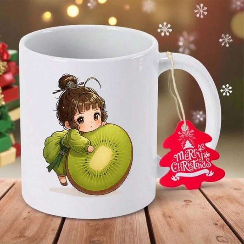Tailorly White Ceramic 11 oz Mug - Merry Christmas Cute Girl With Hair Buns Hugging A Giant Fresh Kiwi Slice Girl