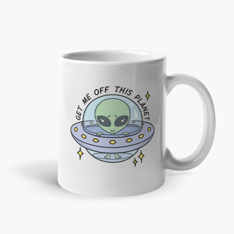 Tailorly White Ceramic 11 oz Mug - Get Me Off This Planet Cute Green Space Traveler Riding A Silver Flying Saucer Among Tiny Stars Alien