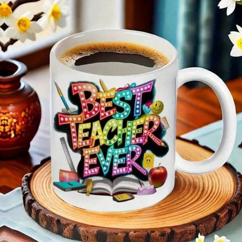 Tailorly White Ceramic 11 oz Mug - Best Teacher Ever Colorful Marquee Letters Featuring School Stationery And An Open Book Mug