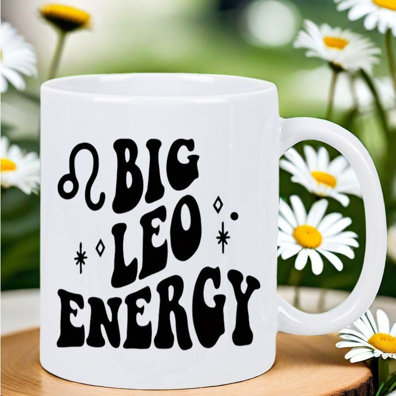 Tailorly White Ceramic 11 oz Mug - Big Leo Energy Bold Retro Wavy Typography With Zodiac Symbol And Tiny Celestial Stars Mug