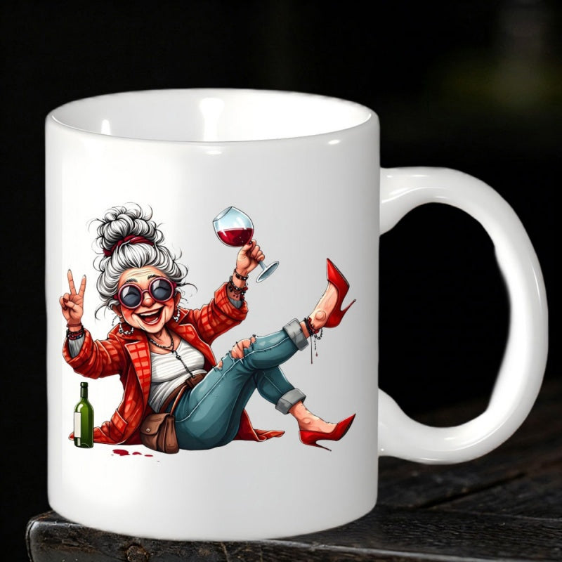 Tailorly White Ceramic 11 oz Mug - Stylish Senior Woman Holding Red Wine Glass And Making Peace Sign Grandmother