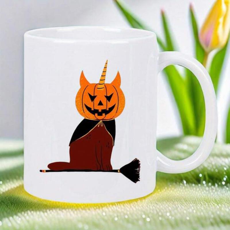Tailorly White Ceramic 11 oz Mug - Spooky Halloween Pumpkin Head Unicorn Sitting On A Witch Broomstick Cat