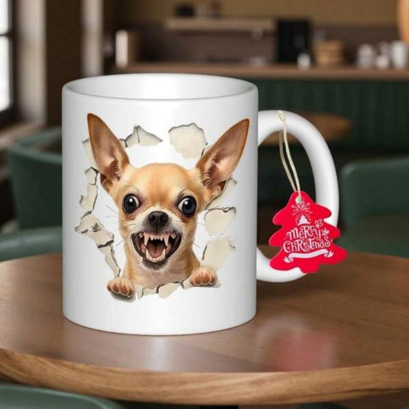 Tailorly White Ceramic 11 oz Mug - Merry Christmas Adorable Brown Dog Bursting Through A Cracked White Surface Chihuahua
