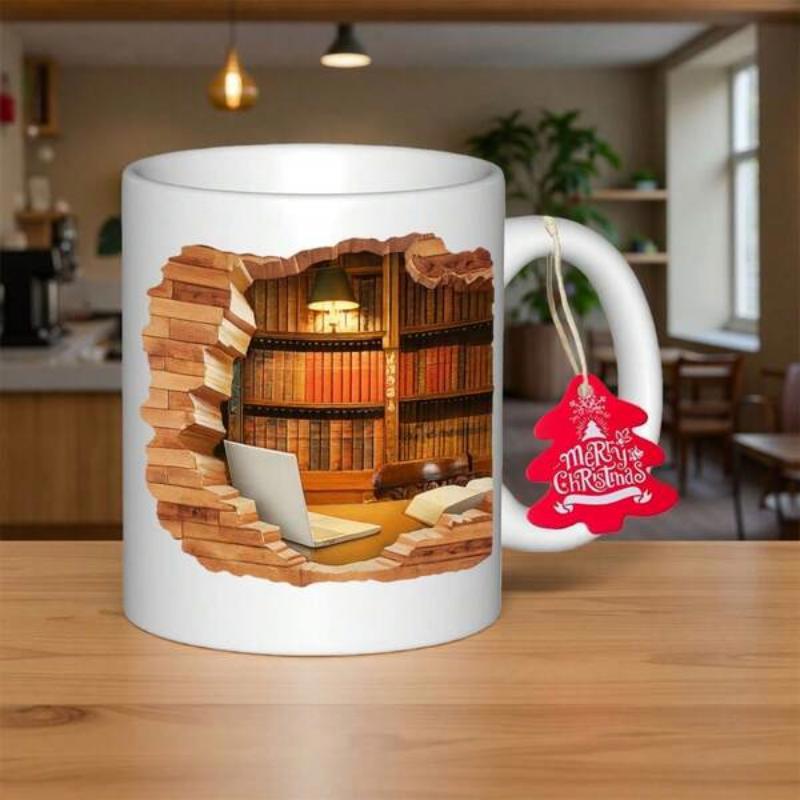 Tailorly White Ceramic 11 oz Mug - Merry Christmas Cozy Wooden Library Shelves With Warm Glowing Lamp Inside Broken Wall Bookshelf