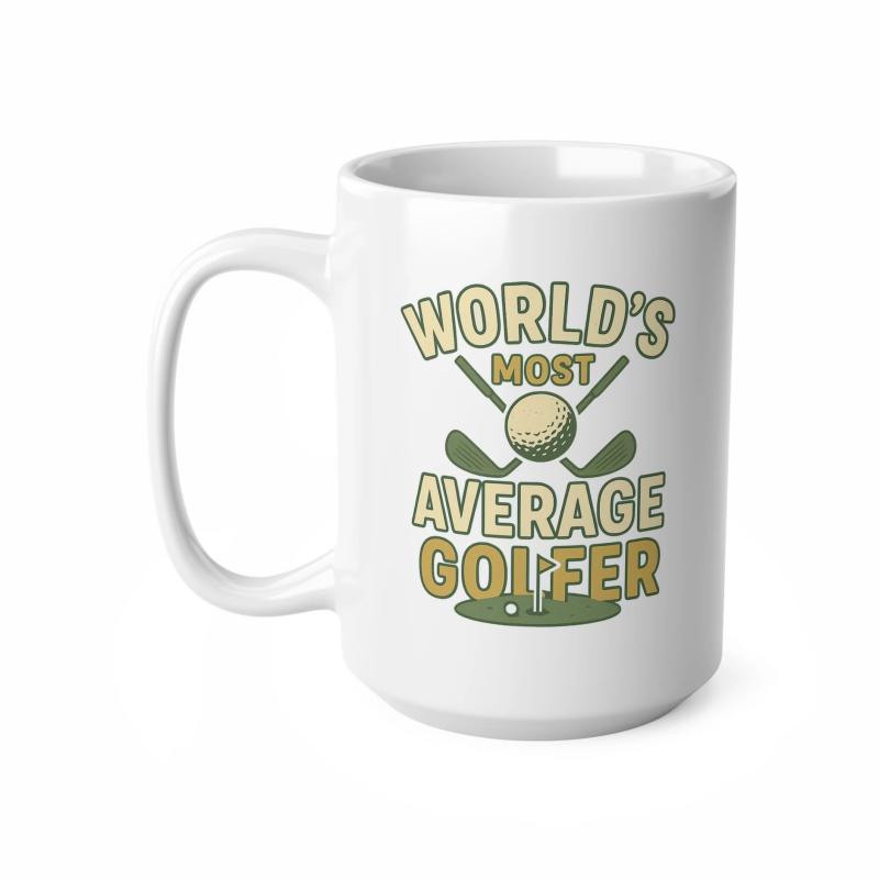 Tailorly White Ceramic 11 oz Mug - Worlds Most Average Golfer Retro Style Crossed Clubs And Golf Ball Floating Over Green Meadow Golfer
