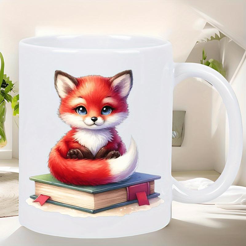 Tailorly White Ceramic 11 oz Mug - Cute Red Fox Sitting Comfortably Above A Stacked Hardcover Book Fox