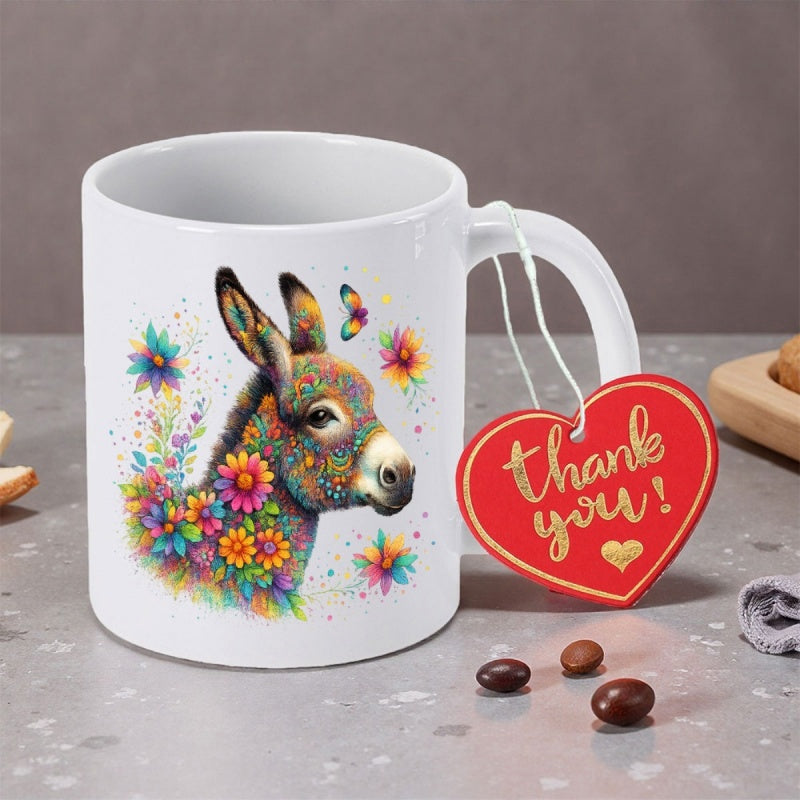 Tailorly White Ceramic 11 oz Mug - Thank You Vibrant Artistic Donkey Head Adorned With Colorful Floral Patterns And Butterflies Donkey