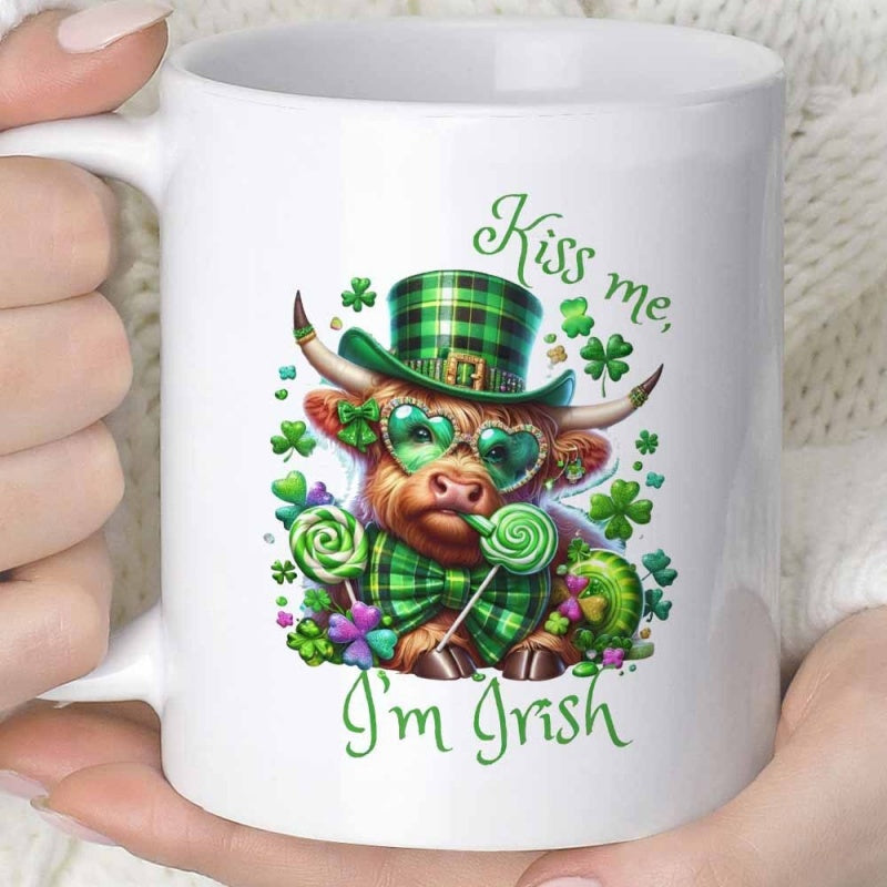 Tailorly White Ceramic 11 oz Mug - Kiss Me I'm Irish Adorable Highland Cow Wearing Plaid Hat Among Green Clovers Cow