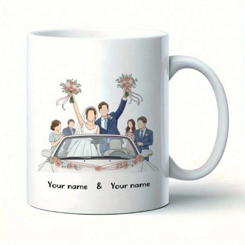 Tailorly White Ceramic 11 oz Mug - Your Name Your Name Happy Couple Celebrating Wedding Day Inside A Classic Floral Decorated Car