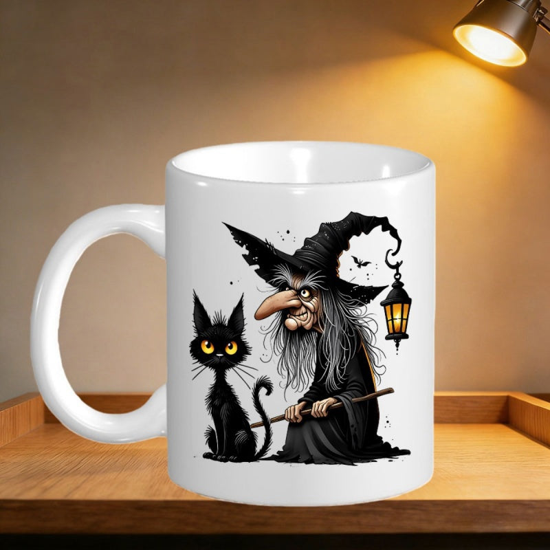 Tailorly White Ceramic 11 oz Mug - Spooky Old Crone Wearing Tattered Hat Beside Staring Black Cat Halloween Witch