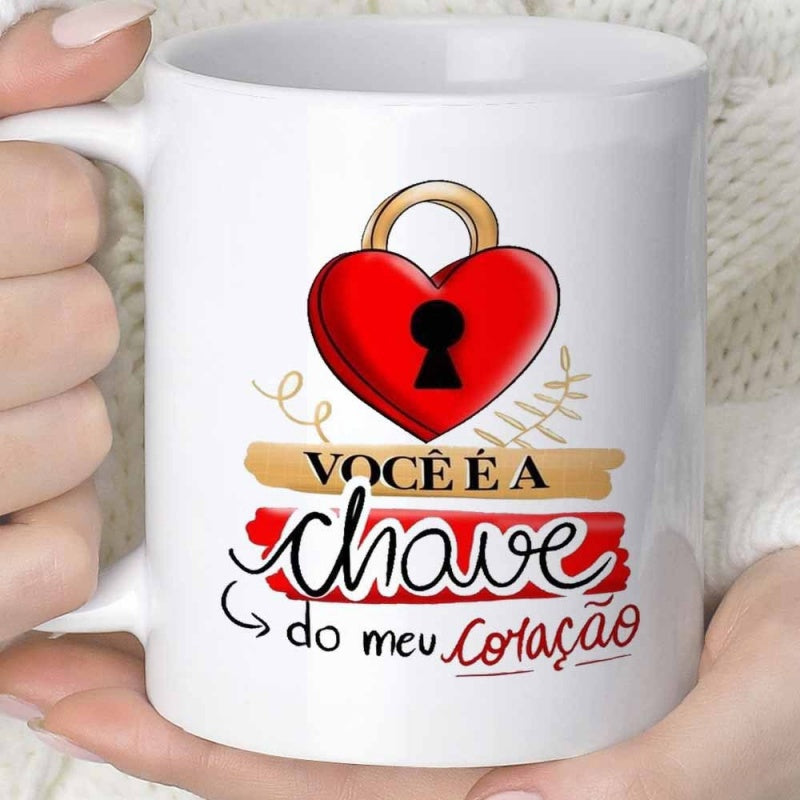 Tailorly White Ceramic 11 oz Mug - Romantic Red Heart Featuring Golden Shackle And Elegant Script Calligraphy Padlock