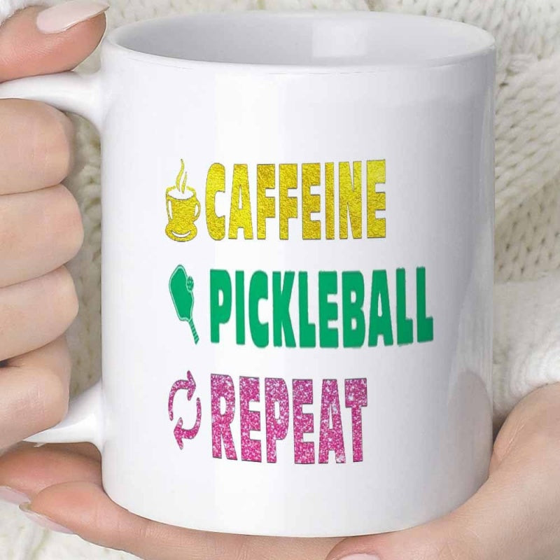 Tailorly White Ceramic 11 oz Mug - Caffeine Pickleball Repeat Distressed Text With Sports Paddle And Steaming Coffee Mug